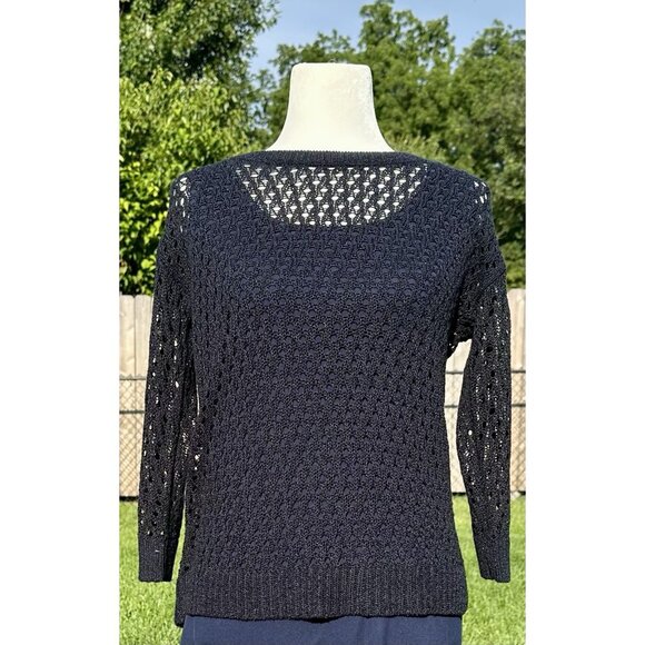 ANN TAYLOR Open Knit Sweater Women’s Size Small Navy 3/4 Sleeve Beachy Coastal - Picture 1 of 6